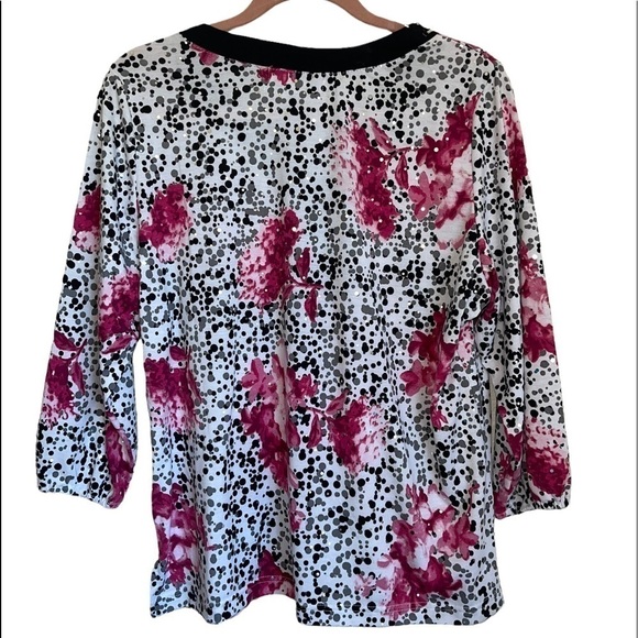 Cathy Daniels Black Pink Knit Top 3/4 Sleeve Sz L Silver Metalic Embellished EUC - Picture 2 of 3